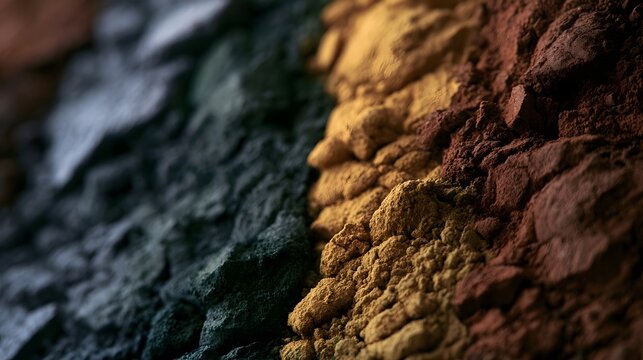 Close up of layered natural earth pigments forming a smooth color gradient from dark green to warm yellow and rich red tones
