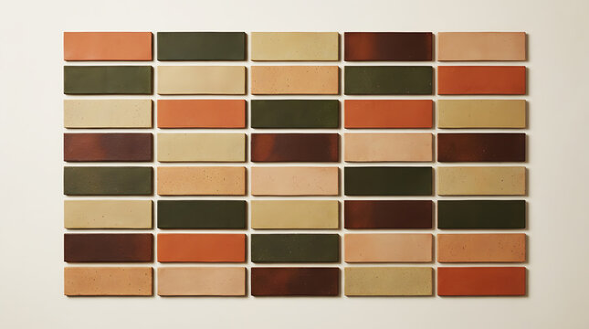 Earthy tone terracotta ceramic tiles layout, rectangular clay brick samples set in olive green beige and rust colors