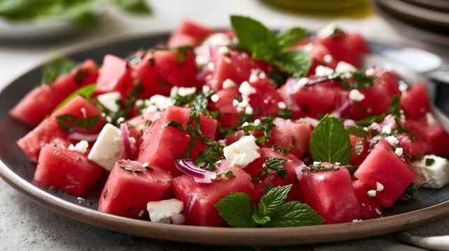 Fresh watermelon cubes topped with feta cheese  mint leaves  and red onion on a dark plate