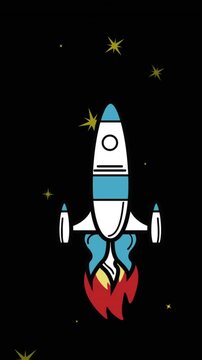 Animation of space rocket flying in space over stars on black background