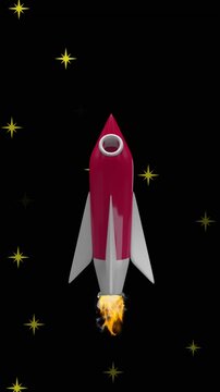 Animation of space rocket flying in space over stars on black background