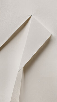 Folds of paper form sharp angles and triangular shapes on a light background. This display showcases simple forms and lines in a well-lit indoor space