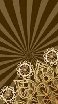 Animation of gold patterned circles spinning on blue and beige striped background