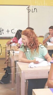 Students in a classroom and mathematical equations