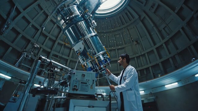 Researcher Operating Large Telescope Inside Observatory