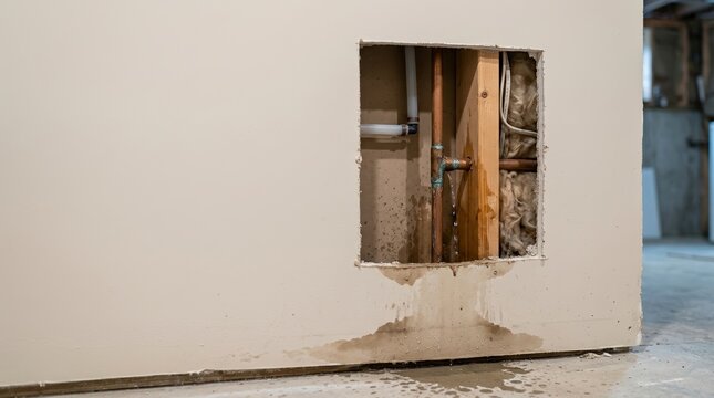 Water leaking from a copper pipe inside a cut drywall opening. Residential water damage and emergency plumbing repair concept. Wet stain on a basement wall