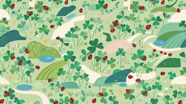 Whimsical clover pattern with ladybugs, green shamrock garden illustration, spring meadow background for textile design
