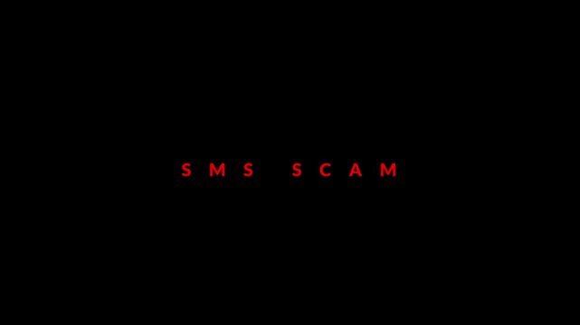 SMS scam text shown in bright red lettering on a plain black background.