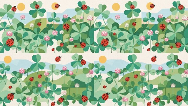 Whimsical clover field pattern with ladybugs, green shamrock meadow illustration, spring nature background for gift wrap