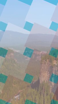Animation of squares in red, white and blue of flag of america, over mountains and forest