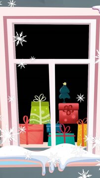 Animation of snow falling over christmas presents seen through window