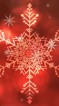 Animation of falling snow and christmas snowflake on red bokeh background