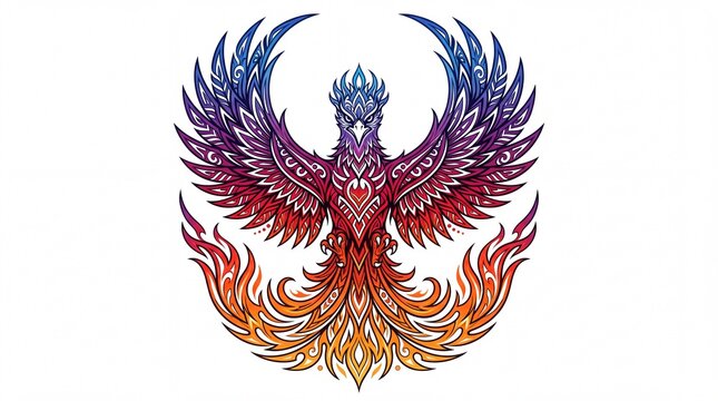 Ornate mythical phoenix bird displaying colorful gradient feathers and flaming tail design on white background