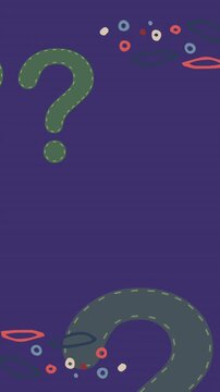 Animation of rising green question marks and colourful patterned frame on purple background