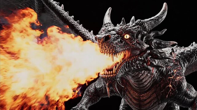 Armored Fantasy Monster Dragon Breathing Fire Close Up