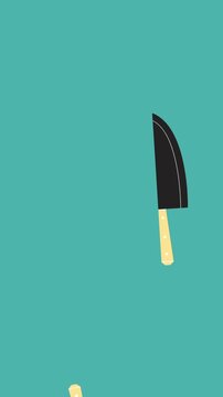 Animation of illustration of black and cream kitchen knives falling on blue background