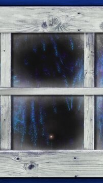 Animation of window with blue christmas and new year fireworks in night sky
