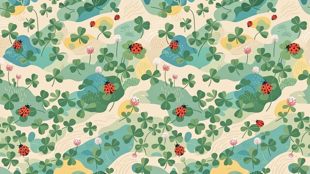Vintage clover pattern with ladybugs, seamless shamrock floral background, green botanical texture for Saint Patricks Day