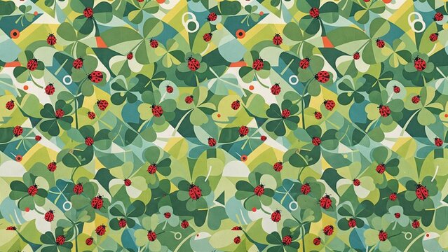 Geometric ladybug pattern with green clover leaves. Stylized botanical wallpaper texture. Modern nature illustration for textile design.