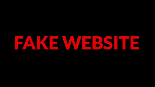 Red bold text stating fake website highlights the dangers of internet scams and phishing attempts.