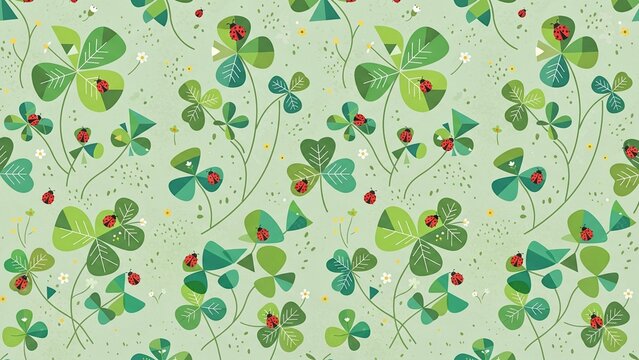 Vintage clover pattern with ladybugs, green shamrock floral background, retro botanical illustration for Saint Patrick's Day