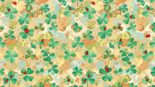 Vintage clover pattern with ladybugs, green shamrock floral background, retro botanical texture for St. Patrick's Day decor