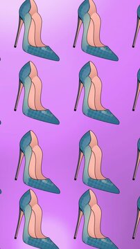Animation of blue high heeled shoes repeated and moving on purple background
