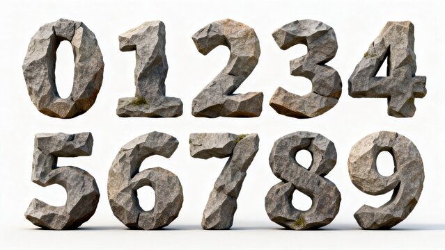 Rock‑texture 3D numerals 0‑9, stone carved digit font, rough stony texture, rugged style, typography design elements on white background