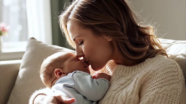 Loving Mother Kissing Her Cute Baby Indoors