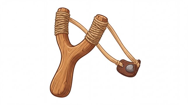 Wooden slingshot with leather pouch and small pebble isolated for kids play on white background