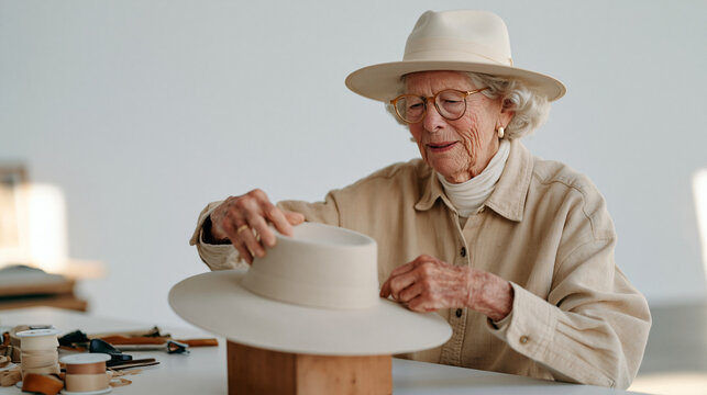 Aged milliner with weathered hands arranges a towering felt hat on a wooden block in a spare white studio, her focused expression revealing decades of craft mastery, tools and