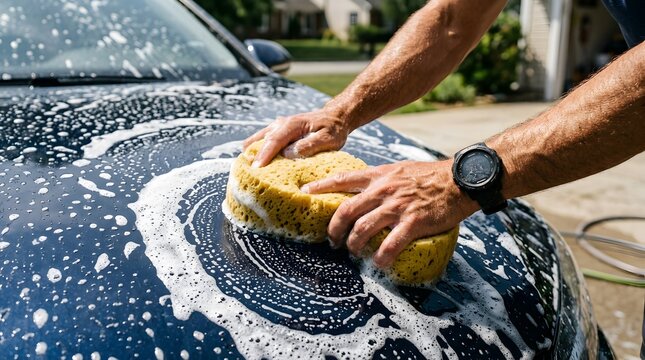 Person washing a dark blue car with a yellow sponge and soap suds.