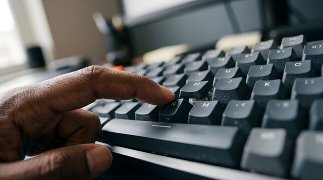 Close up of a person typing on a black computer keyboard in an office setting.