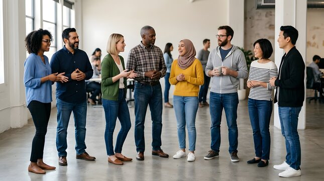 Diverse group of professionals networking in a modern bright office space.