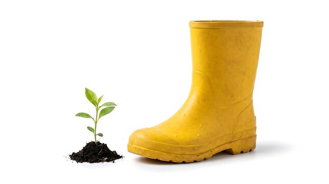 Bright yellow rubber garden boot standing next to a small green sprout growing out of a pile of rich dark soil on a clean white background