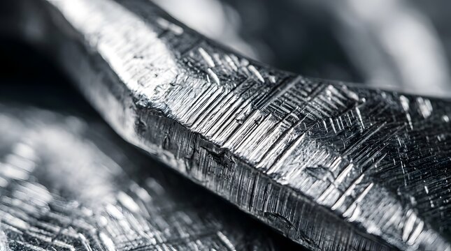 Macro close up of etched metallic meteorite surface with crystalline pattern.