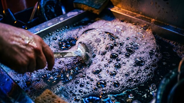 Close up of a hand scrubbing dishes in a sink full of soapy water.