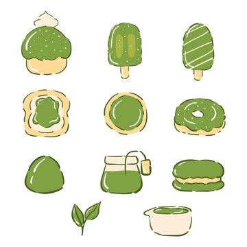 Green tea or matcha dessert and drink, such as cake, ice cream, donuts, mochi, tea leaves, tea in ceramic on a white background.