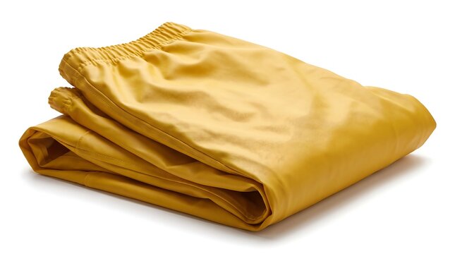 Yellow rain pants folded neatly on a white background, waterproof outdoor clothing for rainy weather