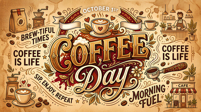 Vintage style Coffee Day poster with sketches.