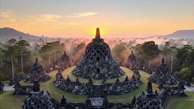 Aerial View of Borobudur Temple in Indonesia at Sunrise