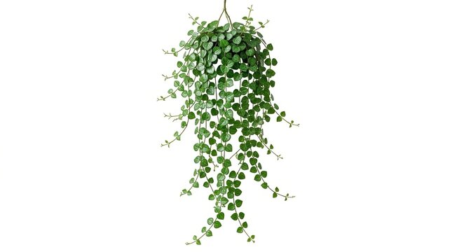 Hanging green plant with trailing leaves, artificial vine foliage on white background, decorative indoor ivy for home interior design