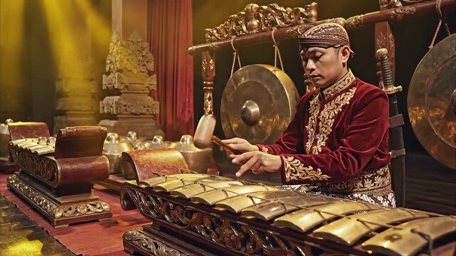 Indonesian Musician Playing Traditional Gamelan Instrument
