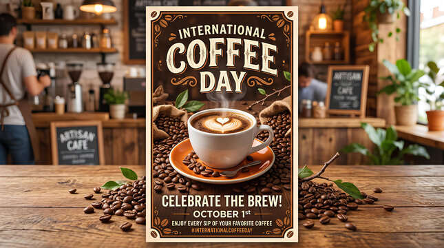 International Coffee Day poster on cafe counter.