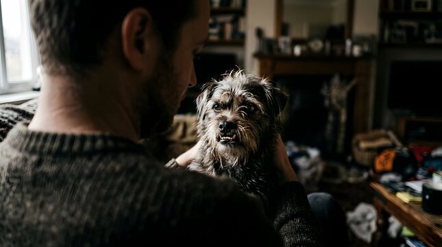 Man holding his small scruffy dog at home.