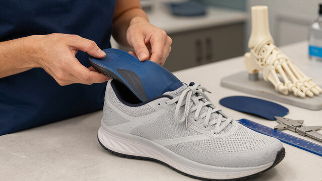 A person is inserting an orthotic insole into a gray running shoe at a clinic. The activity takes place during a consultation regarding foot health. A model of a foot is present on the table
