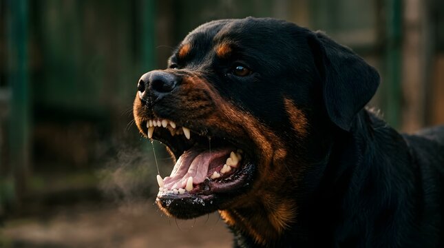 Close up portrait of an aggressive snarling Rottweiler dog showing teeth.