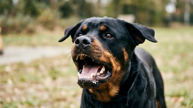 Portrait of a happy Rottweiler dog standing in a park.