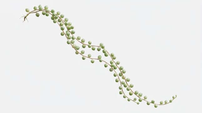 String of pearls succulent plant on white background. Senecio rowleyanus hanging vine. Green trailing houseplant stems.