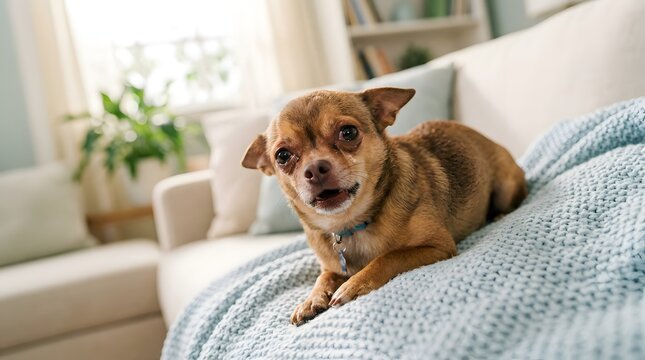 Small brown dog resting on a cozy blue blanket on a sofa.